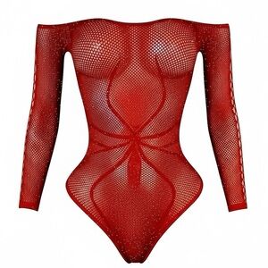 Black Widow Spider Fishnet Stripper Bodysuit | Red Rhinestone | Exotic Dancewear